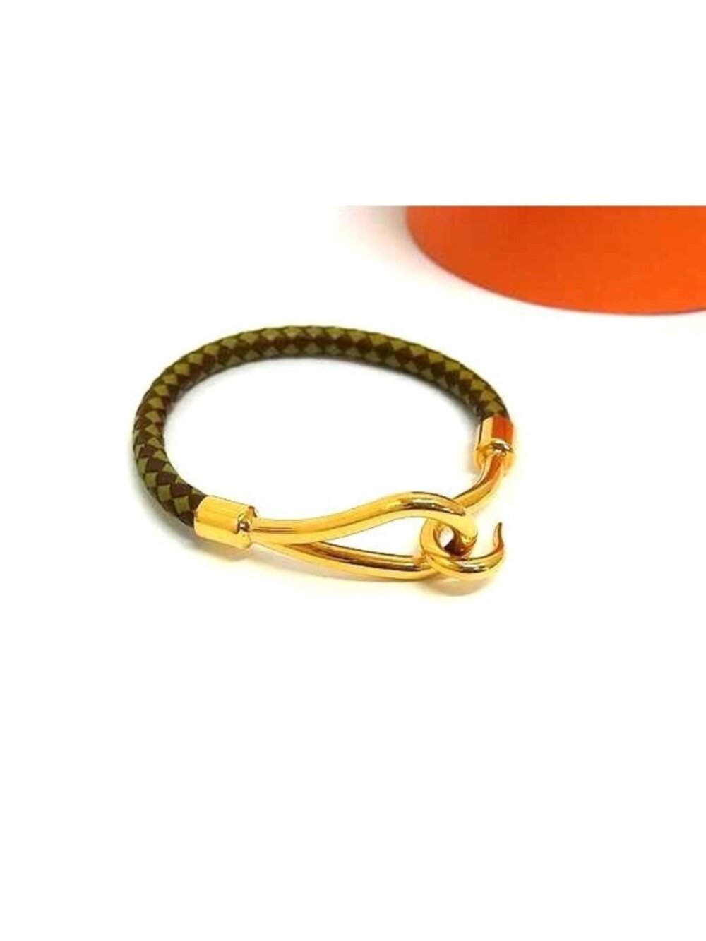 Hermes Jumbo Leather Braided Gold Bracelet Brown Green